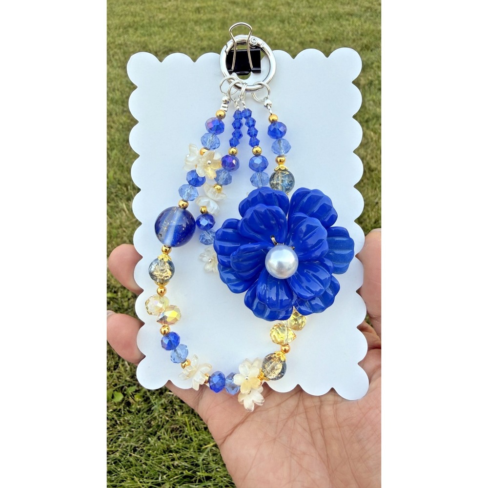 Royal Blue Flower Phone Wristlet Charm Glass Bead Pearl Floral Keychain Handmade